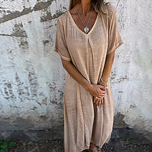 MaxiBreez - Vestido suelto de lino de algodón para mujer con cuello en V