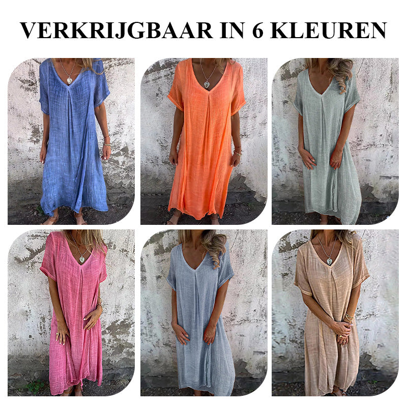 MaxiBreez - Vrouwen Loose V-hals Katoenen Linnen Jurk