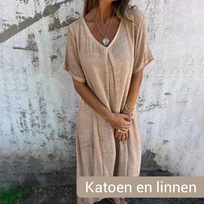 MaxiBreez - Vrouwen Loose V-hals Katoenen Linnen Jurk