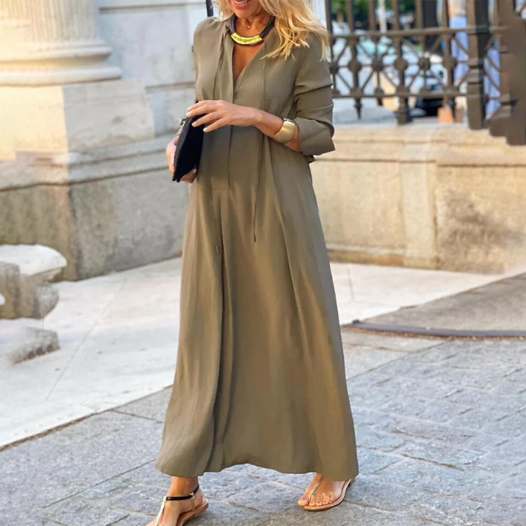 Maxi-jurk voor dames - Lange mouwen V-hals - Losse en comfortabele pasvorm