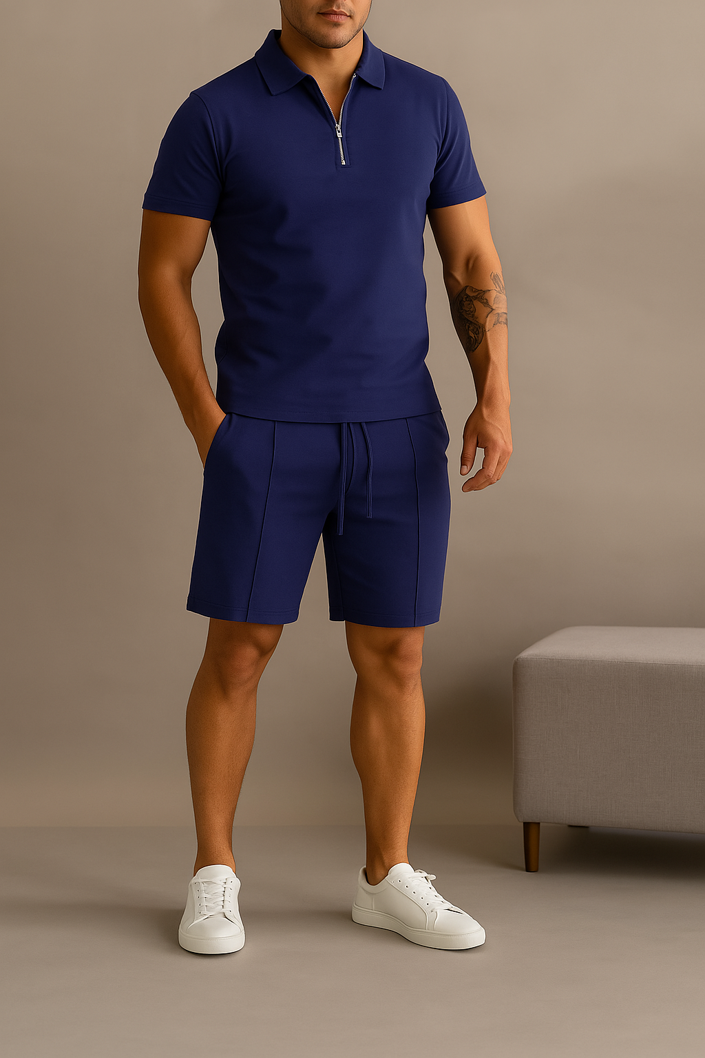 DAREON – Polo en short set voor heren van katoen met ritsdetail