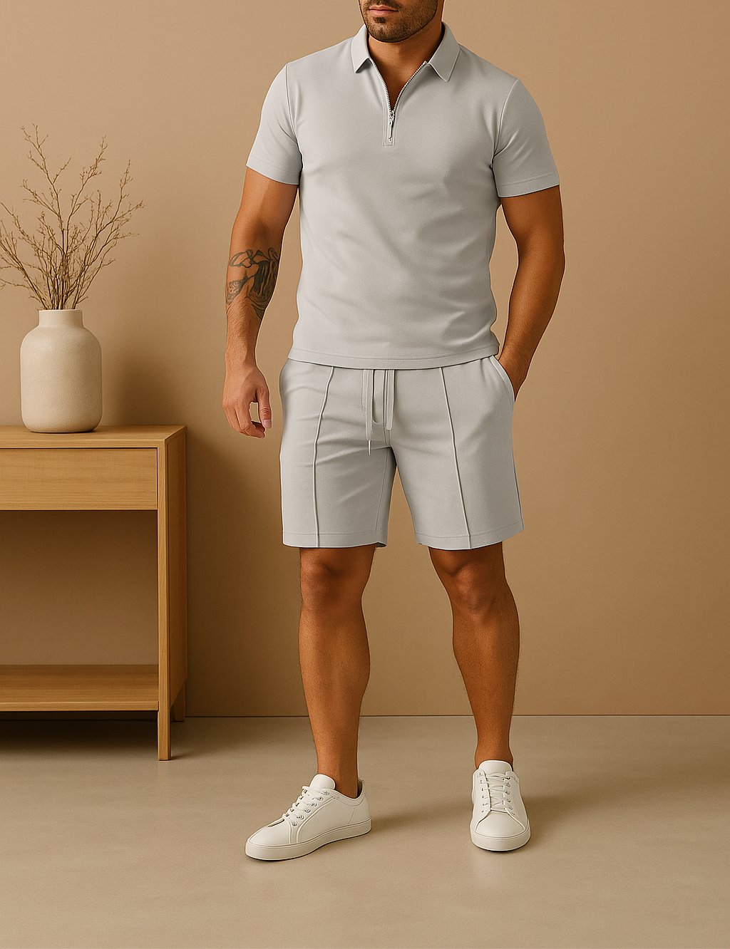 DAREON – Polo en short set voor heren van katoen met ritsdetail