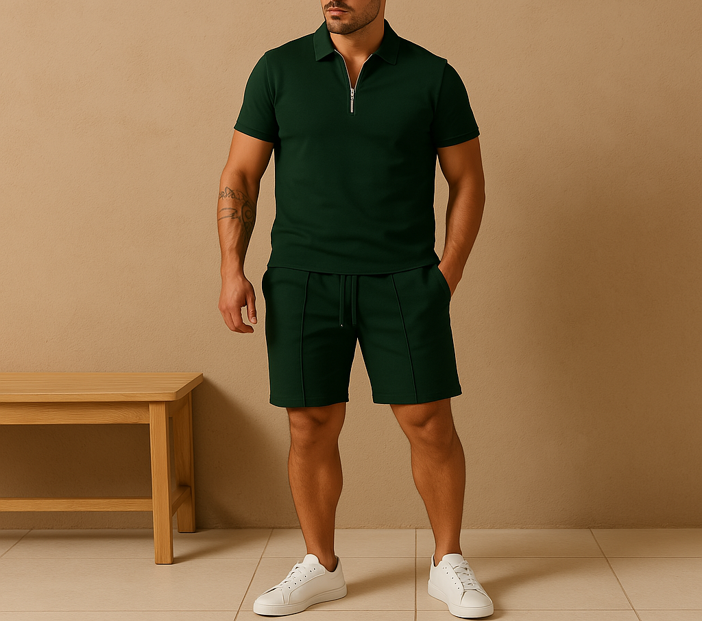 DAREON – Polo en short set voor heren van katoen met ritsdetail