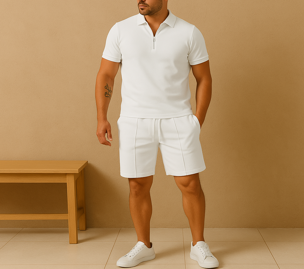 DAREON – Polo en short set voor heren van katoen met ritsdetail