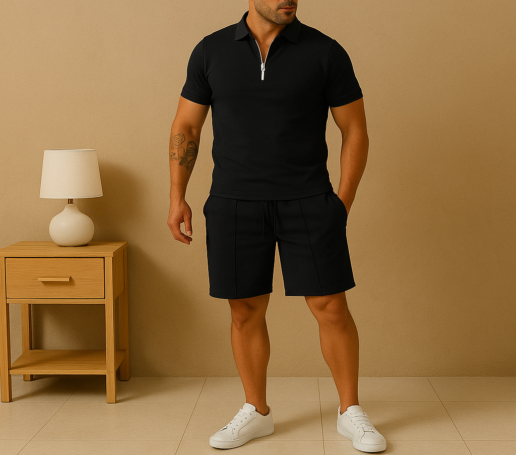 DAREON – Polo en short set voor heren van katoen met ritsdetail