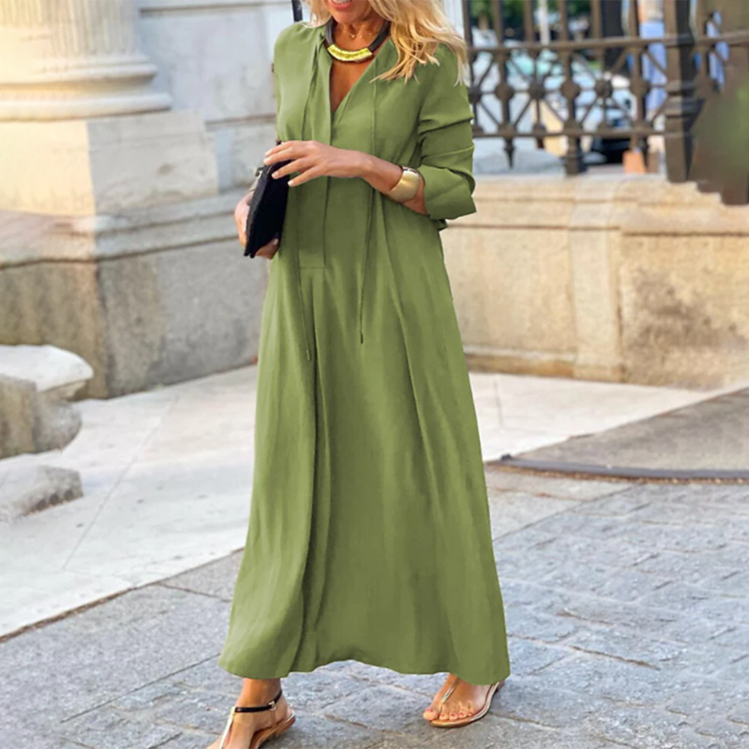 Maxi-jurk voor dames - Lange mouwen V-hals - Losse en comfortabele pasvorm