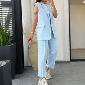 Ensemble blazer sans manches élégant pour dames & pantalon taille haute ajusté
